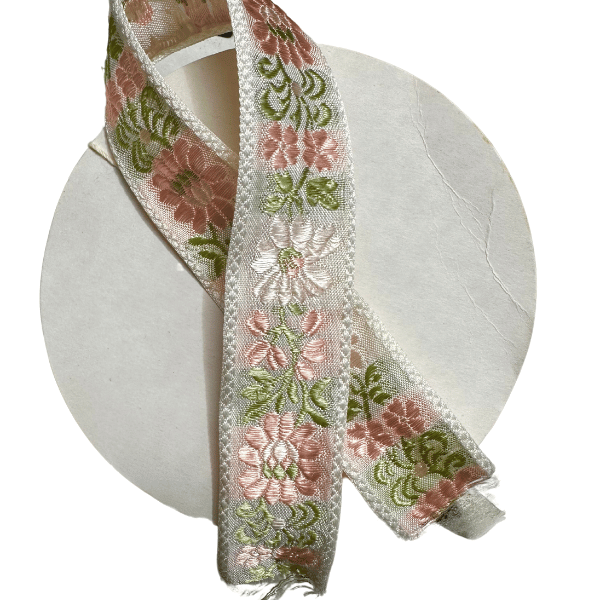 Embroidered Pale Pink and White Vintage Ribbon