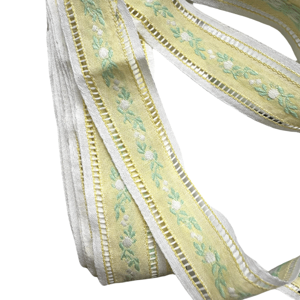 Pale Yellow Hem Stitch Vintage Ribbon with White Roses