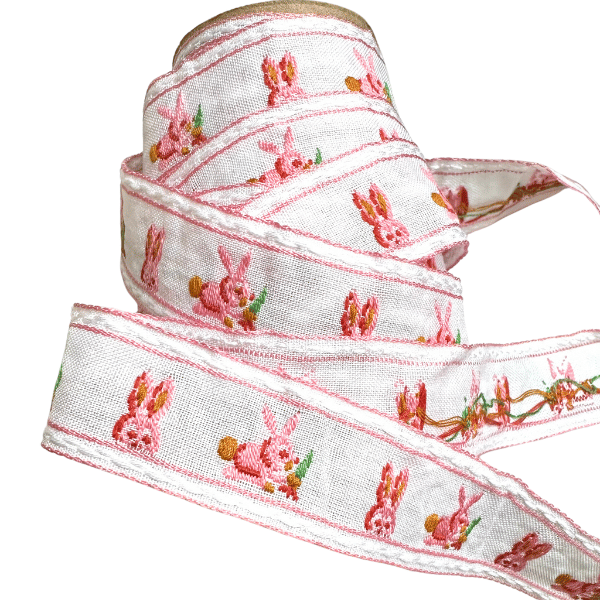 Pink Easter Bunny Embroidered Vintage Ribbon