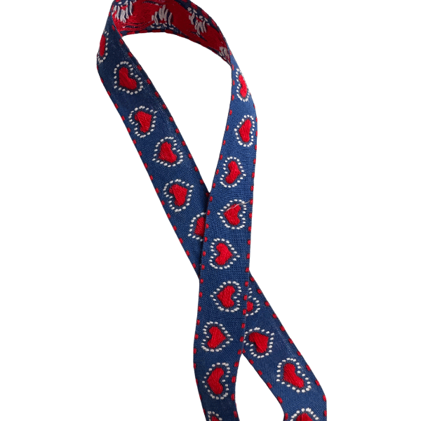 Blue Background Red Dot Hearts Embroidered Vintage Ribbon