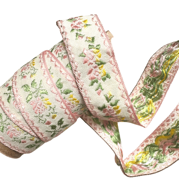 Embroidered Pink and Yellow Floral Vintage Ribbon
