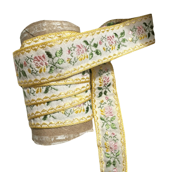 Embroidered Yellow and Pink Floral Vintage Ribbon