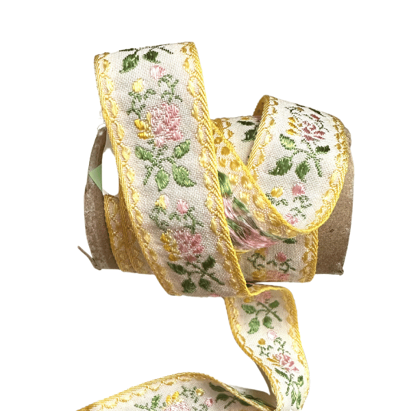 Embroidered Yellow and Pink Floral Vintage Ribbon with Yellow Trim