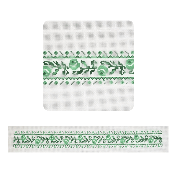 Green floral needlepoint canvas on a white background