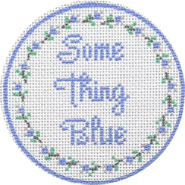 Needlepoint design with text 'Something Blue' surrounded by floral patterns on a white background