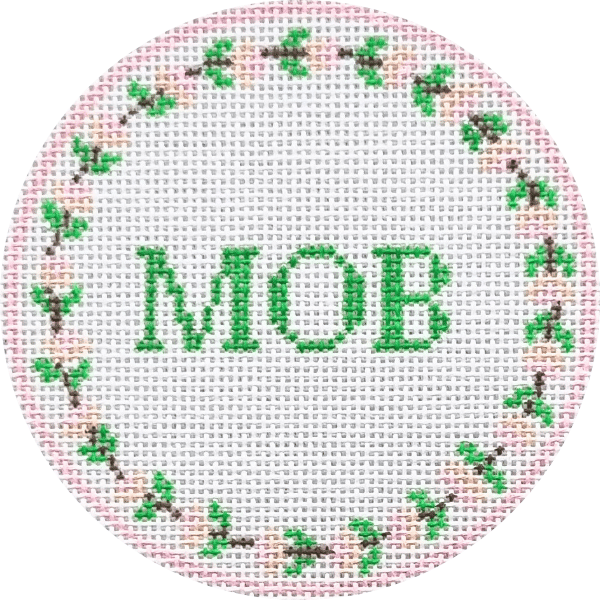 Needlepoint design with 'MOB'  Mother of the Bride in green letters and floral border on white background