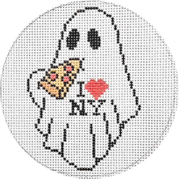 a needlepoint canvas pattern of a ghost eating a pizza with I Love NYC