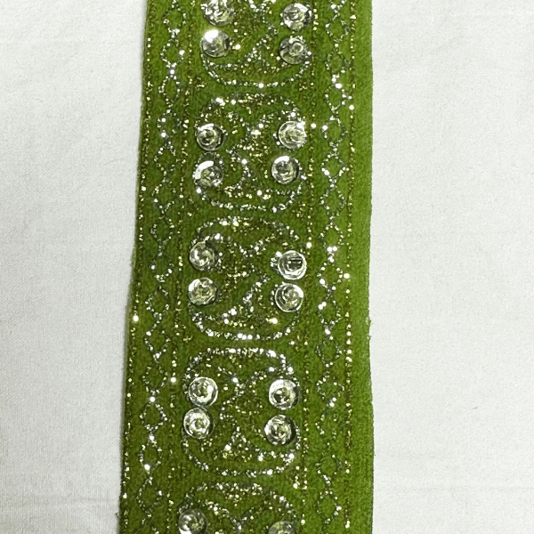 Moss Green with Silver Embroidery and Sequins Ribbon Trim