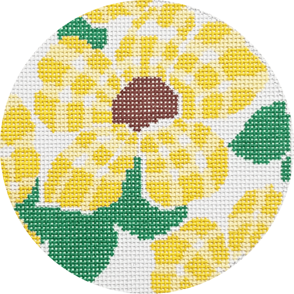 A hand-painted needlepoint canvas with a floral design, featuring yellow gingham patterns and green leaves on a white background.